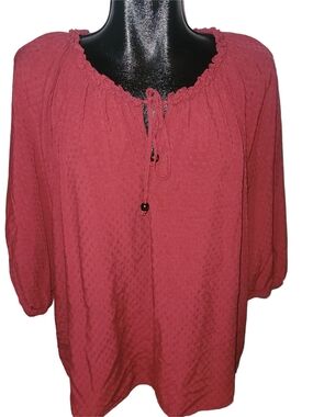 Rose & Olive Women's Red Peasant Blouse with Rope Tie Neckline Size 2X